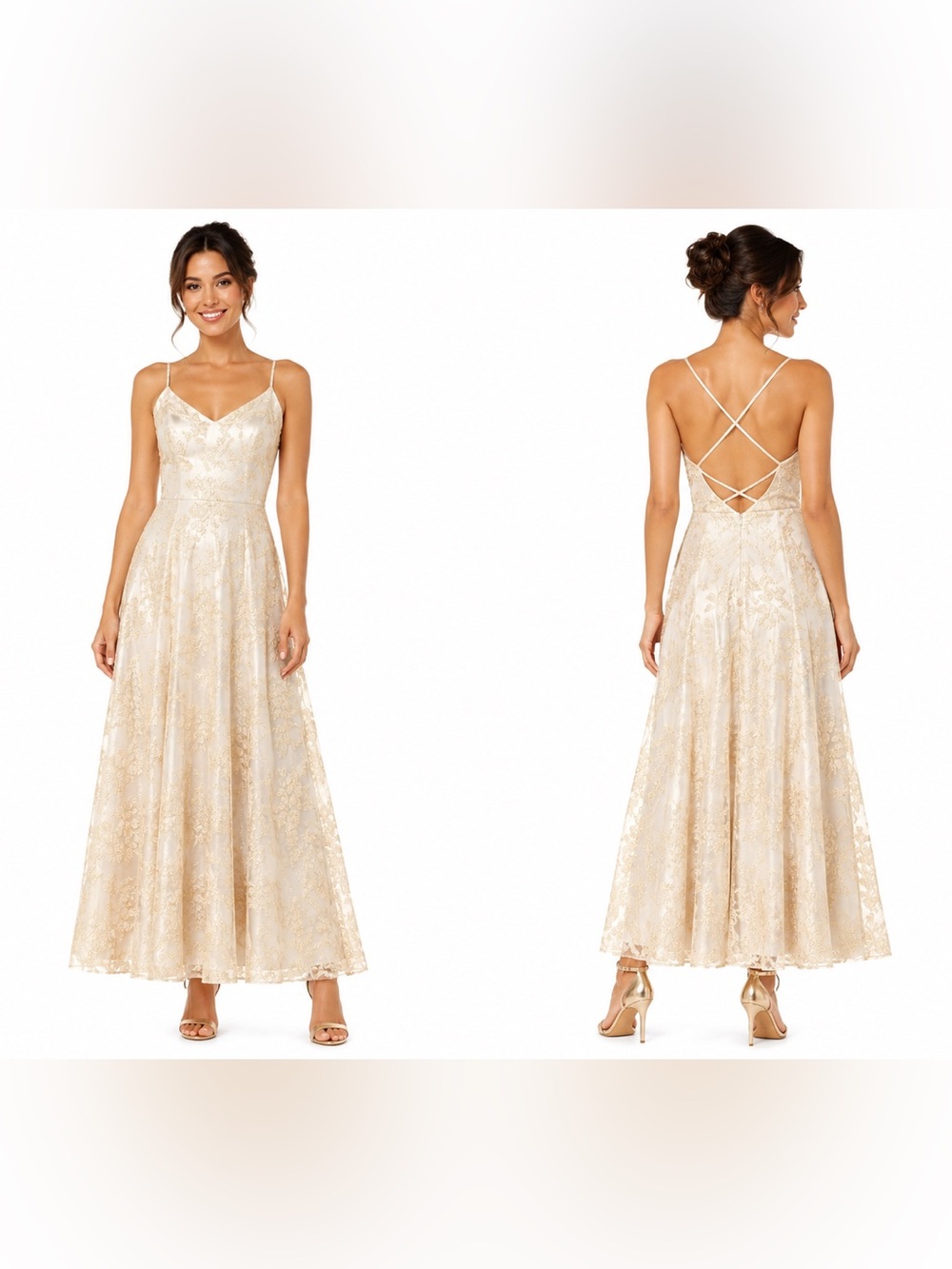 Cream Gold Lace A-Line Prom Dress Criss Cross Back Sleeveless Size 10